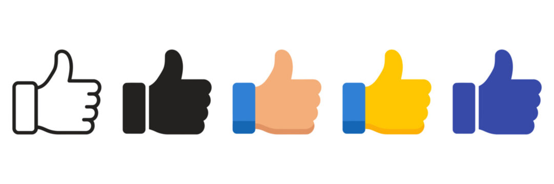 Thumbs up icon set, social media like button symbols, 5 vector hand gestures for feedback and approval, colorful like icons