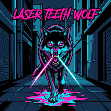 Cyberpunk laser teeth wolf, neon predator in city alley