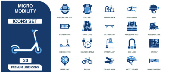 Micro mobility set featuring twenty blue symbols including electric scooter bicycle helmet and charging cable parts © Freelancer