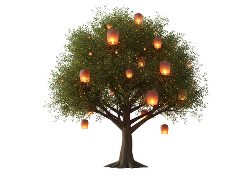 A tree with lanterns hanging from its branches isolated on transparent background