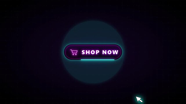Neon shop now button animation with mouse cursor click interaction for e-commerce and digital marketing