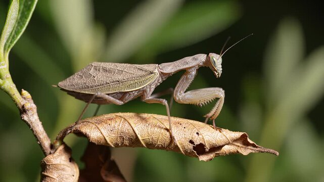 Macro Close Up of a Praying Mantis Perched on a Dry Leaf in Nature