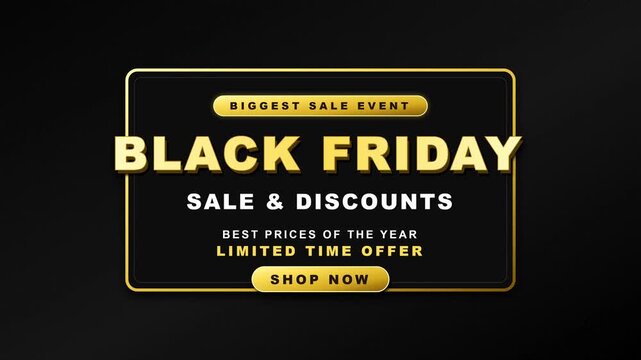 Black friday sale event motion with gold text and shop now button for e-commerce marketing and retail promotions