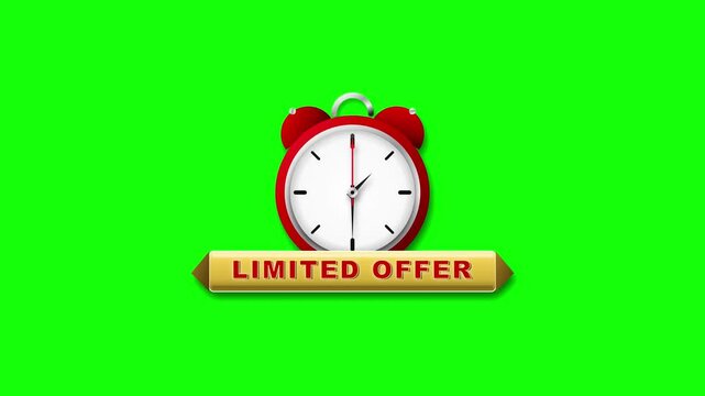 Animated red alarm clock with limited offer banner on green screen for sales and marketing countdown