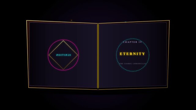 Abstract Cosmic Book Animation Featuring Mystical Geometric Symbols and Glowing Neon Line Graphics