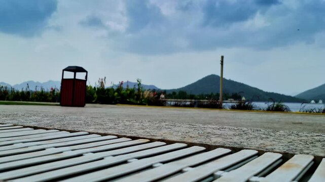 The lakeside promenade includes a red-and-black covered waste bin, flowering greenery, and ornamental grasses along the water. Layered green hills form a broad backdrop in Udaipur.