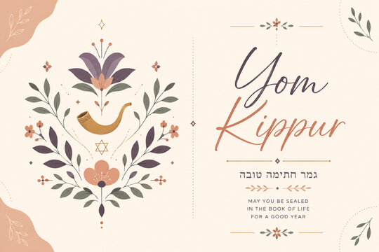 Yom Kippur Greeting Design Featuring a Traditional Shofar, Floral Branches and Subtle Jewish Holiday Decorations on a Warm Cream Background