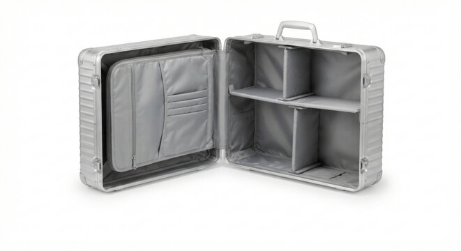 Open silver aluminum suitcase with organized compartments, isolated on transparent background
