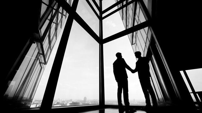 Two silhouetted business people shaking hands in a modern office building with a city view for bussiness background.