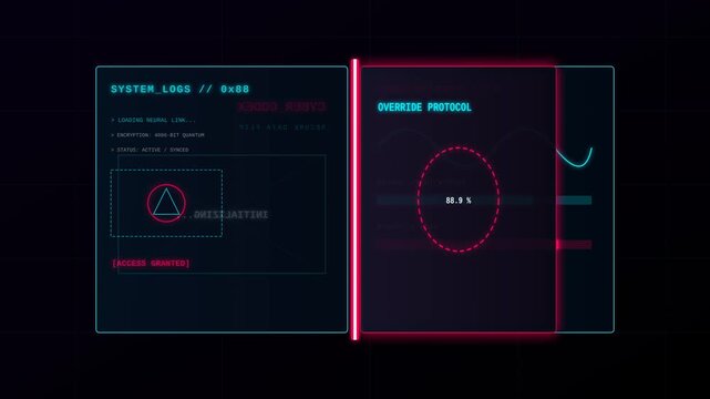 Futuristic Cyber Codex Digital Interface Animation with Data Processing and System Override Protocols
