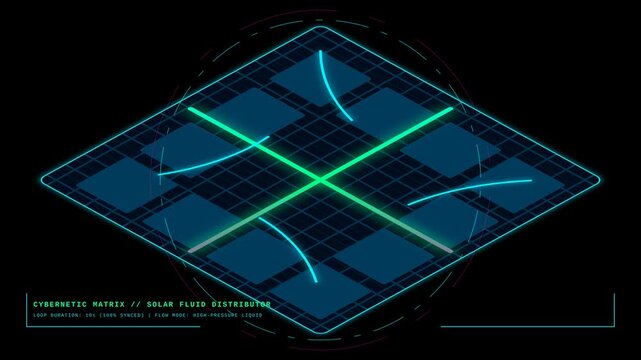 Futuristic Cybernetic Matrix Solar Fluid Distributor Isometric HUD Animation with Neon Grid Lines