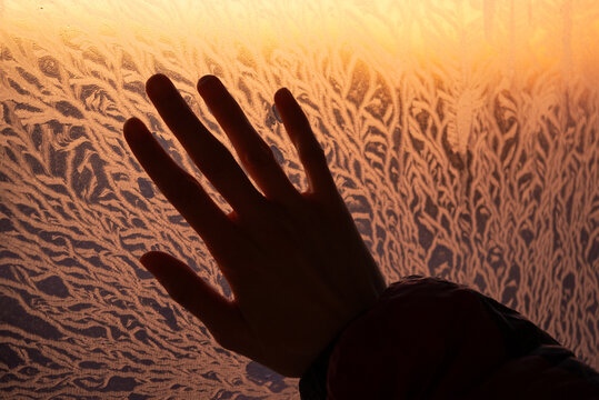Hand silhouetted against a frosty window, reaching out to touch the cold ice patterns, creating a sense of connection with nature and expressing the harsh beauty of winter's morning chill