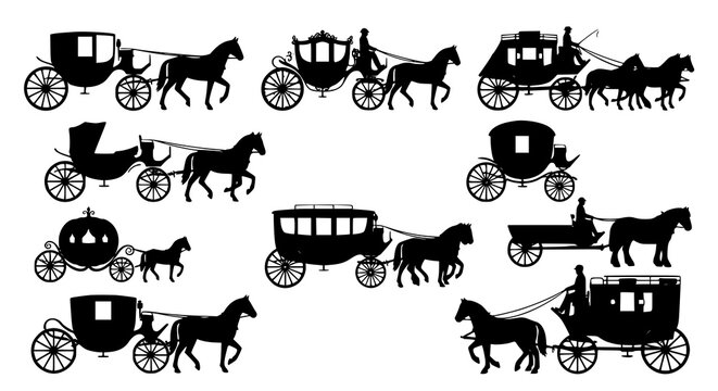 Vintage Horse Carriage and Antique Stagecoach Black Silhouette Vector Set