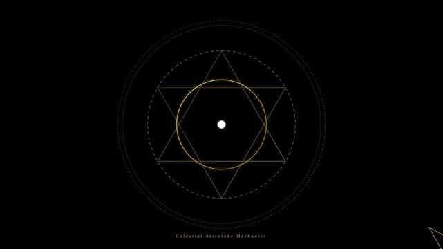 Minimalist Gold Celestial Astrolabe Mechanics Geometric Animation on Black Background Loop