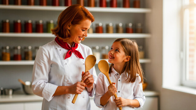 Female chef and young girl holding wooden spoons in a kitchen. Professional cook teaching child culinary skills. Mentorship and education concept, ideal for cooking school or lifestyle ads.