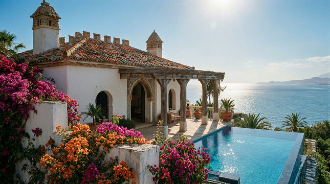 Coastal villa with thick white stucco walls and traditional Andalusian tiles overlooking sea