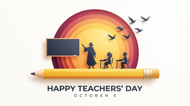 Happy teachers day colorful greeting card with apple and books illustration