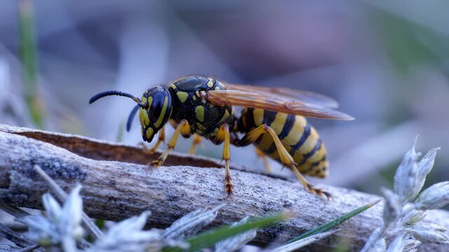 Macro Close Up of a Common Wasp Resting on a Dry Twig in Nature