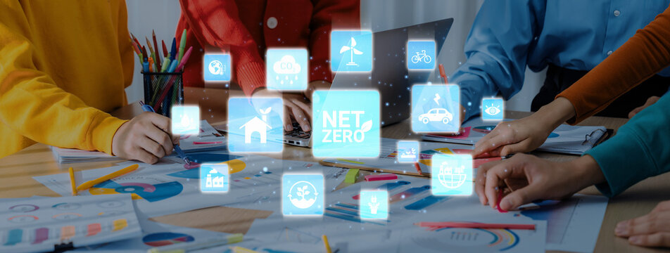 Net zero and sustainability concepts with environmental balance, digital sustainability icons, green energy goals, and eco-conscious digital business transformation for the future. Entice