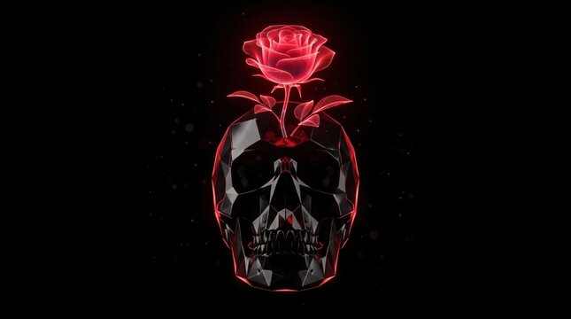 OLED Obsidian Skull and Glowing Red Rose Wallpaper, Gothic Crystal Dark Art on Pure Black Background