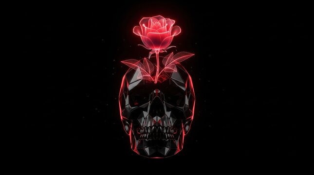 OLED Obsidian Skull and Glowing Red Rose Wallpaper, Gothic Crystal Dark Art on Pure Black Background