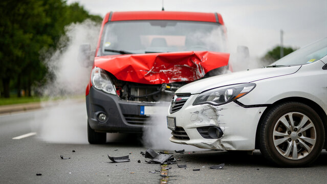 Collision between a red van and white car on a road. Smoke rises from smashed engines with debris on asphalt. Car insurance and safety concept for legal and emergency use.