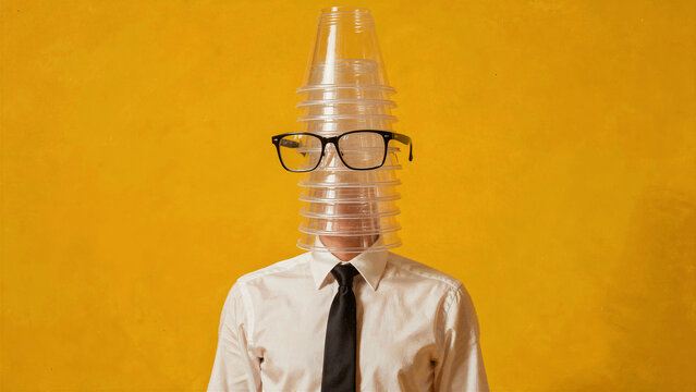 Man with plastic cups on head wearing glasses against yellow background. Businessman in shirt and tie with face obscured by cups. Surreal humor concept for office stress and creative thinking.