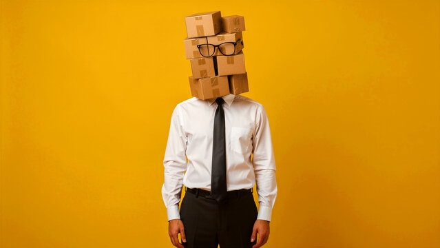 Businessman with cardboard boxes instead of a head on yellow background. Professional in white shirt and tie wears glasses over stacked parcels. Mental overload and delivery concept for marketing.