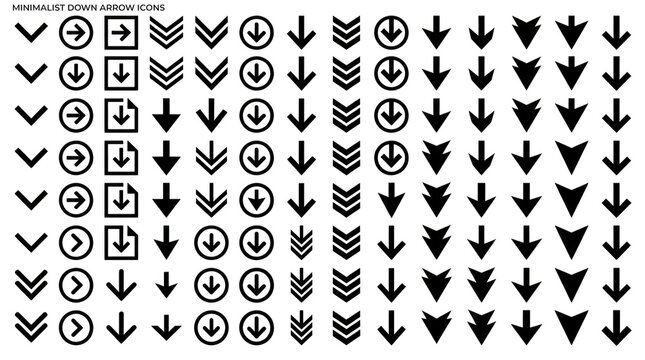Set of minimalist down arrow icons isolated on transparent background