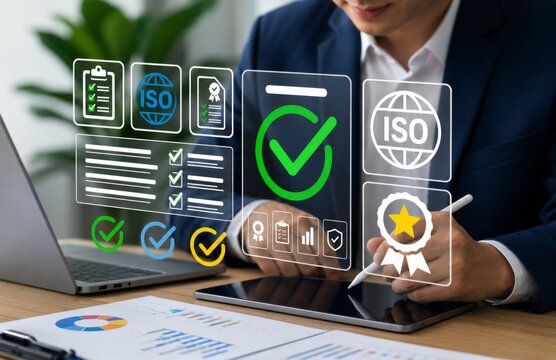 Professional Reviewing ISO Compliance Indicators and Digital Audit Documents for Quality Assurance