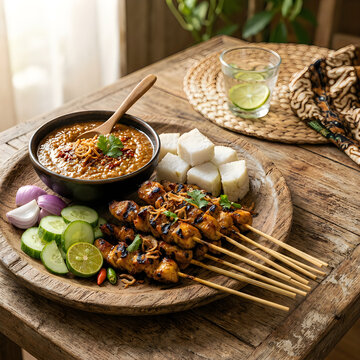 Traditional skewers with fresh herbs and soup on rustic table