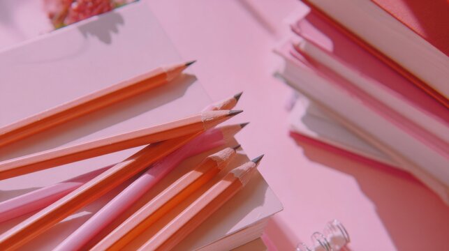 Close up of pink and orange pencils on notebooks with soft pastel lighting and aesthetic vibes