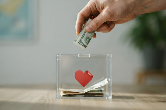 Hand putting money into a transparent donation box with a red heart symbol, representing charitable giving and financial support for causes