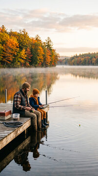 Father and son fishing together on a dock in autumn
