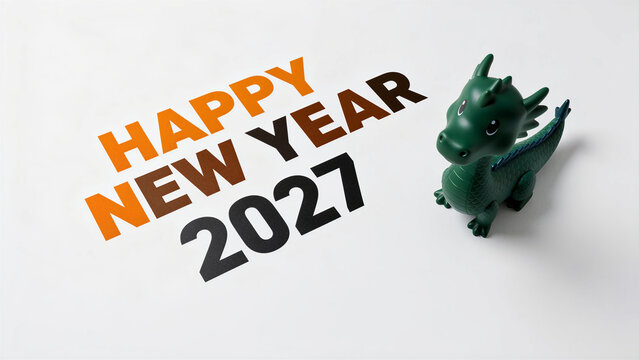 Green toy dragon beside Happy New Year 2027 text on white background. Celebrating the Chinese Lunar Zodiac year with minimalist decor. Festive holiday concept for 2027 marketing campaigns.