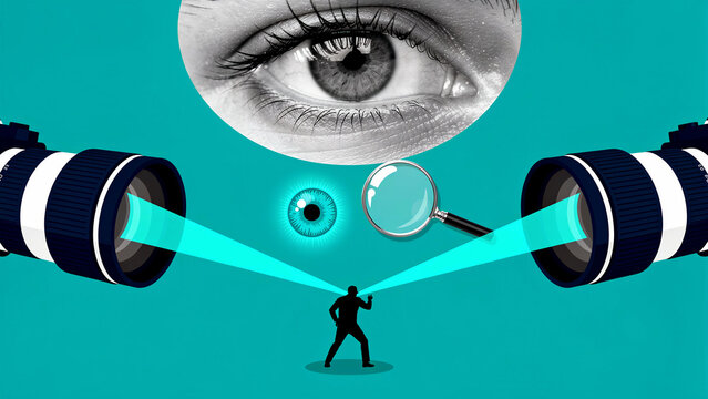 Person watched by cameras and a giant eye. Silhouette figure targeted by light beams. Privacy concept for cybersecurity marketing.