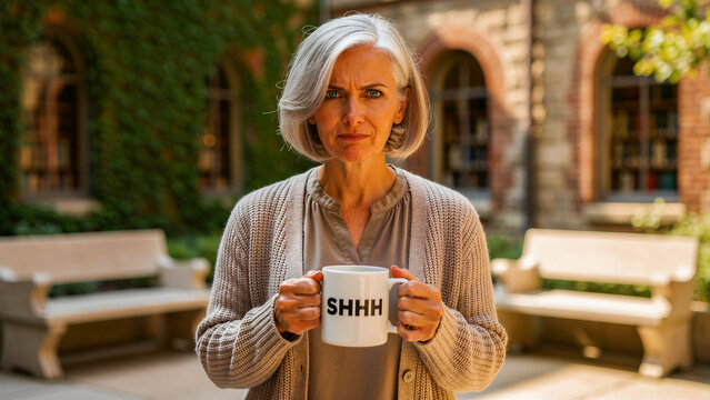 Serious mature woman holding a SHHH mug in a university courtyard. Senior librarian or teacher requesting silence with a stern expression. Silence and discipline concept for education and rules.