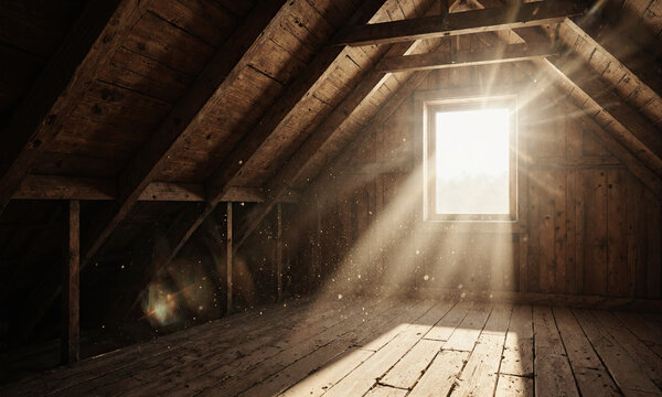 Attic sunlight wood. Bright sunbeams stream through a window into an empty wooden attic with exposed rafters and floorboards.