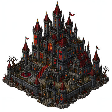 Dark Gothic Fantasy Castle with Red Towers and Banners, Isometric Pixel Art