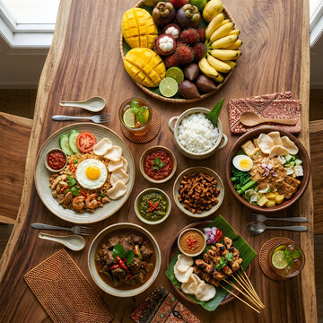 Assorted traditional asian breakfast spread on bamboo table