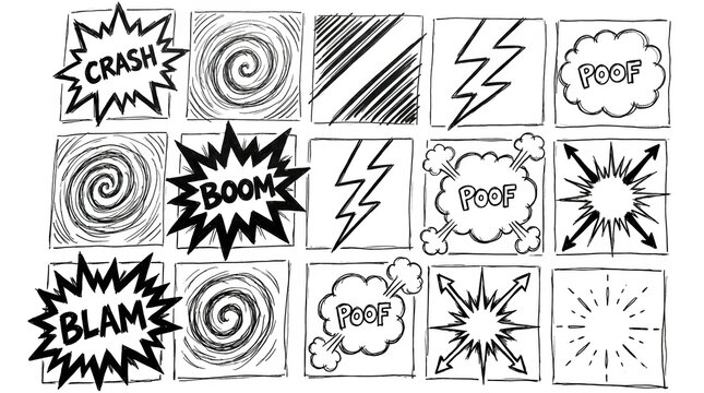 Set of hand drawn comic book sound effects and action elements isolated on transparent background