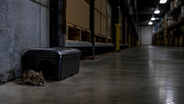 Rodent in dark warehouse near pest control equipment on concrete floor, rat infestation, commercial sanitation, vermin detection, property hygiene and industrial pest management concept