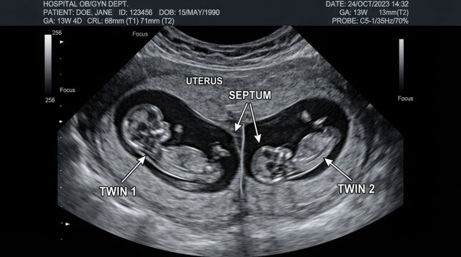 Ultrasound showing twin pregnancy with uterine septum illustration