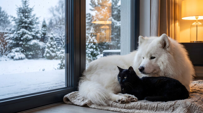Fluffy white samoyed dog and black cat lying together on a knitted blanket by a large window, snowy winter landscape in the background