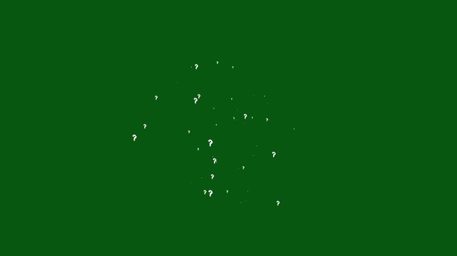 White question marks falling on green screen background, animated question symbol pop up, confused dizzy effect, chroma key motion graphic, seamless 4k