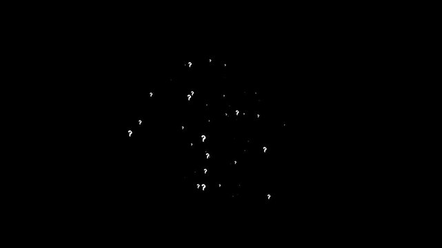 White question marks falling on black  screen background, animated question symbol pop up, confused dizzy effect, chroma key motion graphic, seamless 4k