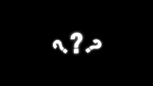 Pop up question mark animation with white symbols moving on black screen, flat and 3d question icons, confused dizzy effect, chroma key motion graphic 4k