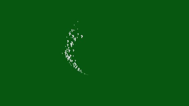 Pop up white question mark animation on green screen, flat and 3d symbols, confused dizzy effect, chroma key background, motion graphic animation in 4k