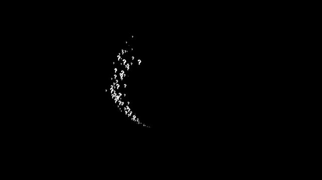 Pop up white question mark animation on black  screen, flat and 3d symbols, confused dizzy effect, chroma key background, motion graphic animation in 4k