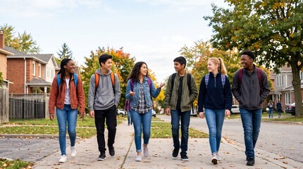 Naklejka premium Group of diverse teenagers walking on sidewalk in suburban neighborhood